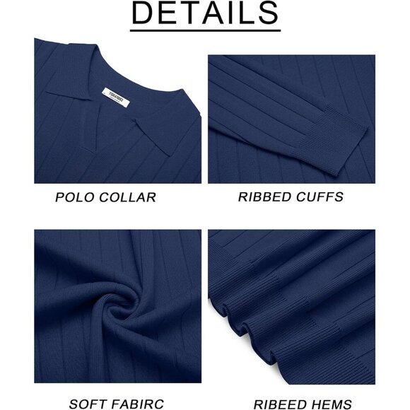 Coofandy Men Navy Blue Polo Long Sleeve V Neck Knit Lightweight Pullover Sweater - Picture 6 of 6